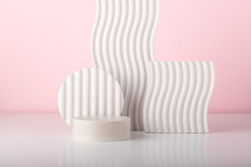 White concrete advertising stands. Gypsum podium for the presentation of cosmetic products. Minimal mock up.