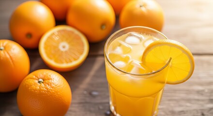 Freshly squeezed orange juice in a glass with ice and a citrus slice, surrounded by ripe oranges on a wooden table. Natural, healthy, and refreshing drink
