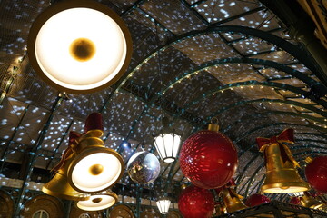 Historic Covent Garden Public Market Christmas Decorations, Street View, Festive Celebration Hanging Giant Bells, West End, Central London, England, UK