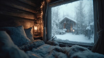 Christmas Eve snowstorm viewed through cozy cabin window,