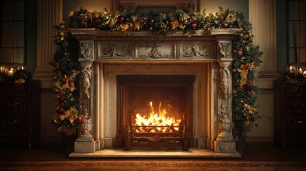 Christmas fireplace decorated with garlands