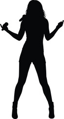 Silhouette, female performer, dancing pose, microphone, boots, long hair, energetic stance, stage vibe, concert mood, black figure, white background