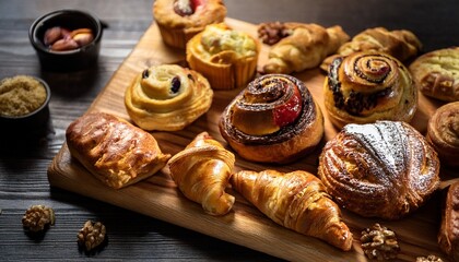 assorted pastries on wooden board