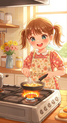 Young girl in an apron cooks in a pan on a gas stove