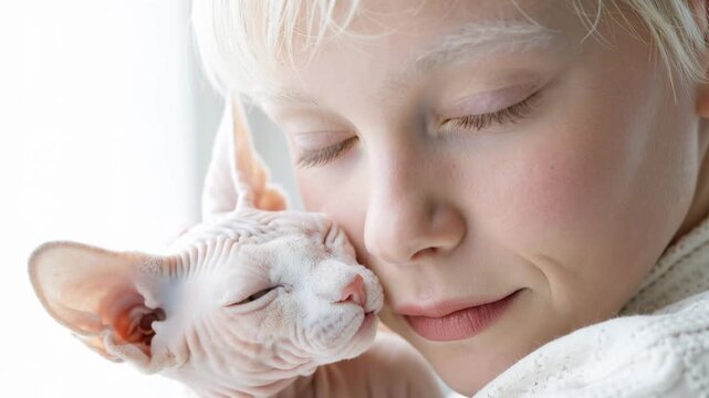 close-up portrait of an child being licked by a sphynx cat indoors