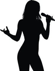 Silhouette, female singer, holding microphone, performing, music, concert, stage, entertainment, vocal artist, dramatic pose, isolated, white background