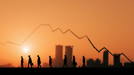 Fototapeta premium Silhouetted Business People Walking with Decreasing Graph at Sunset 