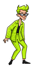 Youthful eccentric in green attire and black eyewear stands alone against a white background