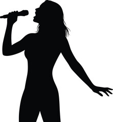 Silhouette, female singer, microphone, music performance, vocal artist, stage presence, concert, entertainment, expressive pose, black figure, dramatic moment