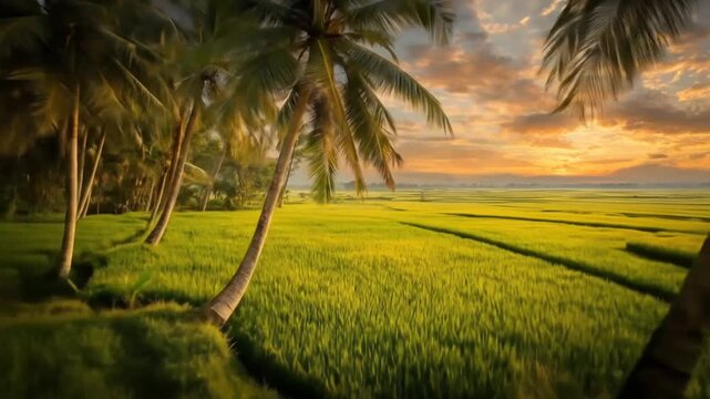 Rural hut nestled amongst palm trees in a lush green rice field at sunset.