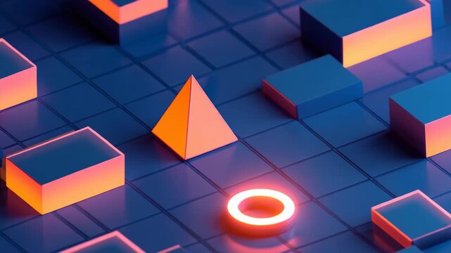 Abstract 3D render of geometric shapes such as cubes, pyramid, and ring with neon lighting arranged on a dark grid background. Modern minimal futuristic concept, perfect for tech and design themes.