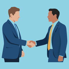 Two men in suits shaking hands against a light blue background handshake business