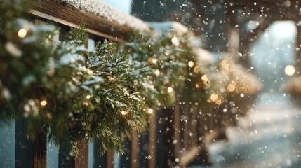 Christmas garlands on snowy bridge rails,