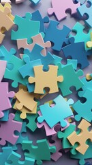 Colorful puzzle pieces scattered in abstract 3D background