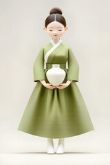 Korean hanbok girl holding white porcelain vase in elegant calm pose
