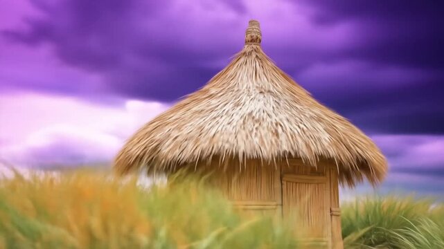 Rustic bamboo hut with thatched roof surrounded by tall grass under an orange sky.
