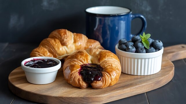 Freshly baked croissant and pastry with blueberries and jam