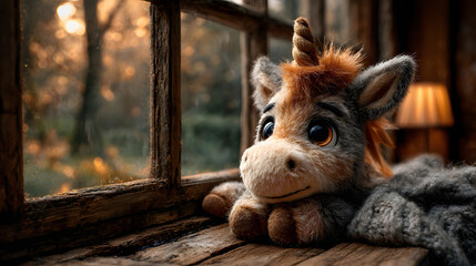 A cute unicorn sitting by a cozy wooden cabin window, bathed in warm autumn light. Soft and emotional fantasy illustration with glowing candles