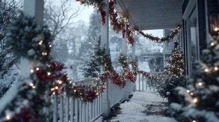 Christmas garlands wrapped around snowy porch,