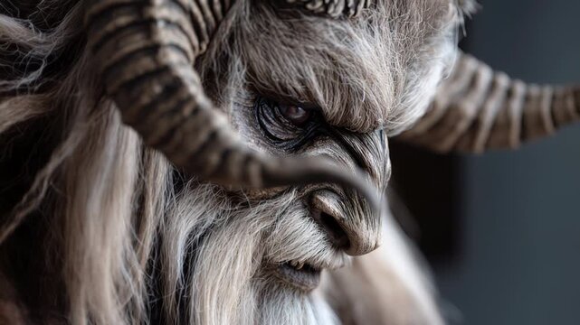 A detailed close-up of a mythical creature with large horns, a rugged face, and long hair. The creature has a serious expression and intricate features.
