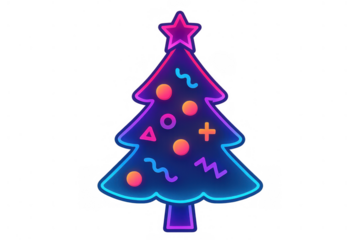Christmas tree glowing neon lights with star and geometric decorations, enjoying holiday season, transparent background