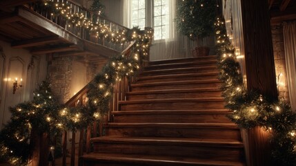 Christmas garland draped over wooden staircase