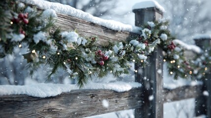 Christmas garland on snowy wooden fence,