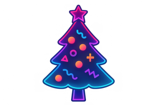 Christmas tree glowing neon lights with star and geometric decorations, enjoying holiday season, transparent background