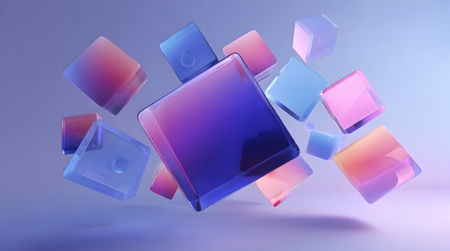 Scattered collection of translucent cubic shapes with vibrant pink, purple, and blue gradient hues, floating in a soft, ethereal light