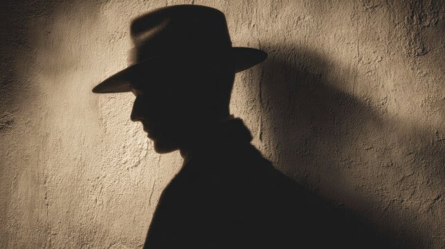 A figure with a wide brimmed hat creates a striking silhouette against a soft wall evoking intrigue.