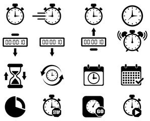 timer and alarm clock vector set with calendar and stopwatch icons, Timer clock icon set for schedule alarm stopwatch and calendar, Digital timer alarm clock icons collection for business and app use