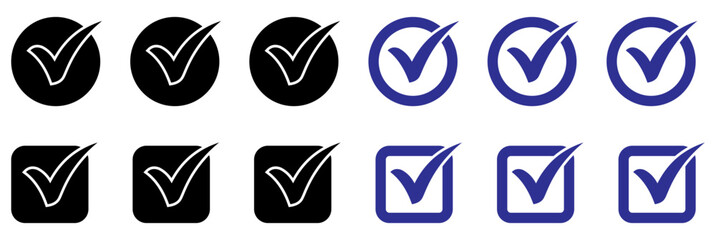 Check mark icon vector download for web and mobile, Minimal check icons set for digital tasks and lists, Check mark vector icon set for website and mobile, Bold tick symbol vector pack for device UI. 