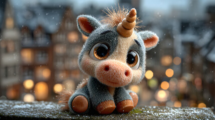 Unicorn on a Snowy Rooftop Overlooking Magical Winter Town – Cute Christmas Fantasy Illustration