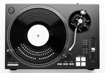 Close up overhead view of a professional black turntable with a vinyl record playing showcasing its intricate details and vintage audio equipment