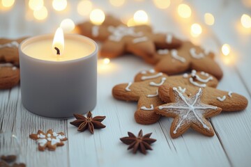 Vela acesa em recipiente cinza ao lado de biscoitos natalinos de gengibre e anis estrelado sobre mesa branca com luzes desfocadas ao fundo, IA generativa