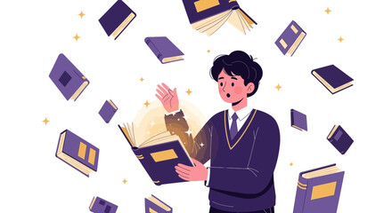 A Young Scholar Astonished by Floating Tomes, Absorbed in the Enchantment of Reading