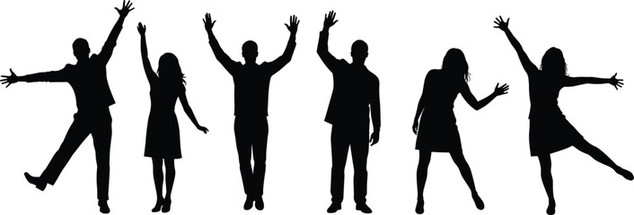 nity, freedom, abstract crowd, festive mood, dynamic figures, emotion, black shape, minimal style, human gesture, party vibe, raised arms, cheerful stance, group energy