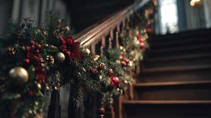 Christmas garland wrapped around staircase railing,