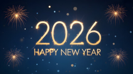 Bright golden 2026 happy new year text with fireworks and sparkle on dark blue background