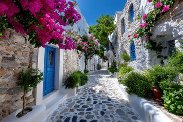 Fototapeta premium Colorful flowers lining a cobblestone street in a charming Mediterranean village