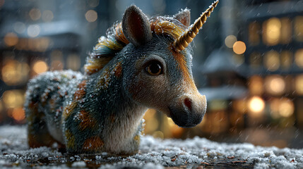 Unicorn on a Snowy Rooftop Overlooking Magical Winter Town – Cute Christmas Fantasy Illustration