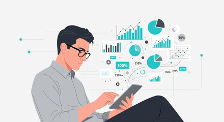 Analyst Using Tablet To Review Financial Data Represented In Modern Charts and Diagrams