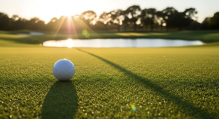 Golf ball on putting green at sunset near water hazard casting long shadow