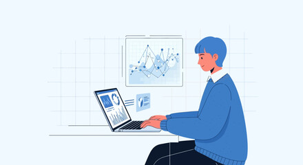 Analyst Working On Laptop with Financial Diagrams For Strategic Business Planning