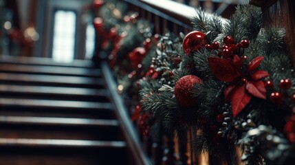 Christmas garland wrapped around staircase railing,