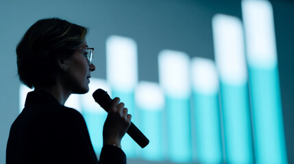 Silhouette of a businesswoman holding microphone presenting financial data with glowing bar chart in background