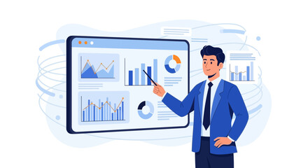 Business Analyst Presenting Data Analytics and Charts on a Digital Display for the Audience