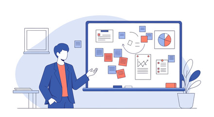 Business Analyst Presenting Ideas on a Whiteboard for Project Planning and Strategy