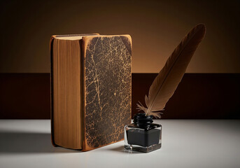 Antique leather bound book with ornate cover stands next to a vintage inkwell and quill pen on a textured surface