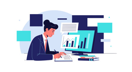 Business Professional Analyzing Data and Charts on Monitor Vector Illustration Design